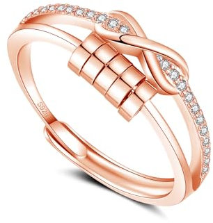 Estrellique Silver 925 Anxiety Rings, 925 Sterling Silver Anti-Stress-ring, Rose Gold Decompression Rings with Beads, Spinner Fidget Ring with Zirconia, Open Adjustable Anxiety Ring for Anxious People