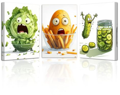 LZIMU Lustiges Küchenbild 3-teilig witzige Gurken Leinwandbilder humorvolles Gemüse Wandbild für Restaurant Esszimmer Dekoration (Weiß, 30x40cmx3 Teilig)