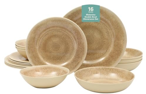 Gibson Home Casper Court - Set di piatti e ciotole in melamina, 16 pezzi, effetto smalto reattivo, colore beige, per 4 ripiani, lavabile in lavastoviglie