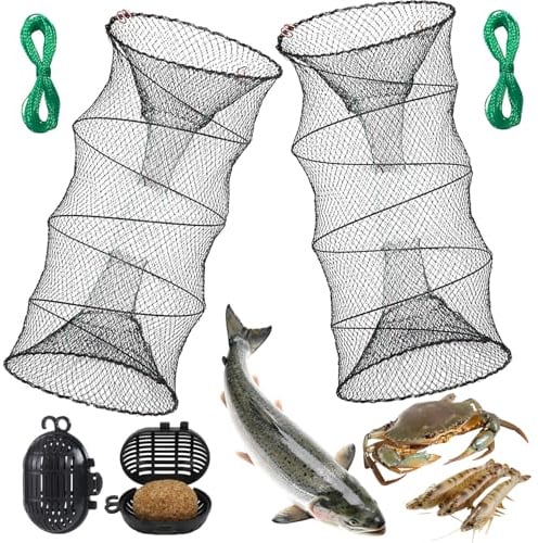 XEIYEI Fischreuse Set, 2 Stück Faltbare Krebsreuse mit Futtertasche, 30x60cm Aalreuse für Fischfang, Garnelen und Krabben