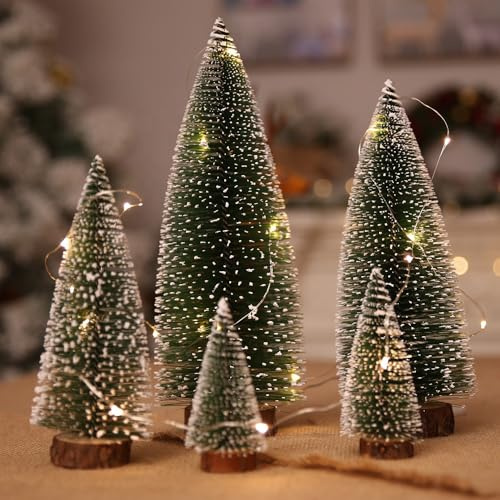 5 Piece Mini Christmas Trees Set, Frosted Green Bottle Brush Pine Trees with Wooden Base, Tabletop Holiday Decoration in Assorted Sizes