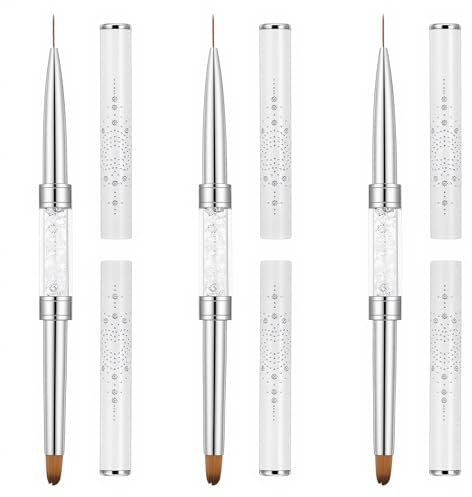 3Pcs Dual-ended Nail Design Brush, Builder Gel Brush, Hard Gel Brushes, Rhinestone Handle Nail Liner Brushes For Nails, UV Nails Salon-Grade Art Design Tool for Professional Tool