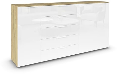 Rauch Möbel Flipp, Kommode, Farbe Glas Weiß/Eiche Artisan, Breite 199 cm | Sideboard, 3-türig, 5 Schubladen, Glasfront, Soft-Close-Funktion, für Schlafzimmer, Gästezimmer, Wohnzimmer, Garderobe, Flur