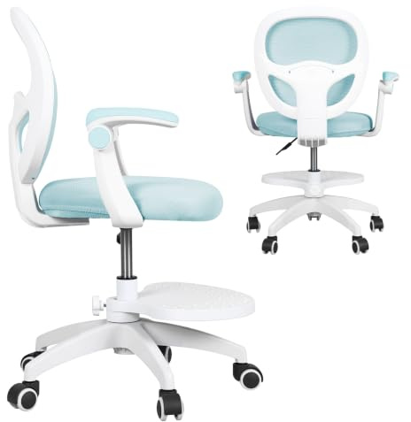 Autrfso Barnskrivbordsstol ergonomisk, höjdjusterbar barnsnurrstol 39–49 cm med fotstöd, 90° fällbara armstöd, nätryggstöd och hjul för flickor pojkar 5–13 år blå