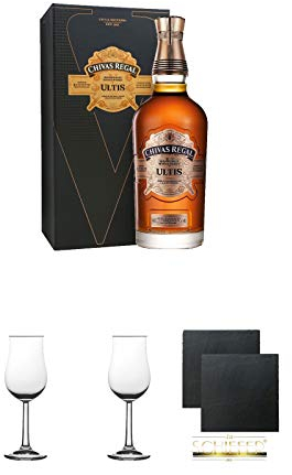 Chivas Regal ULTIS 0,7 Liter + 2 Bugatti Nosing Gläser mit Eichstrich 2cl und 4cl + 2 Schiefer Glasuntersetzer eckig ca. 9,5 cm Ø