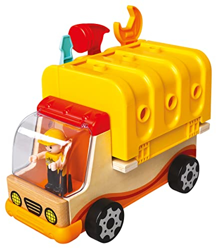 Mertens Holz-Multiauto, Holzspielzeug, (Kinderspielzeug ab 3 Jahre, 30-teilig, mit Auflieger aus Kunststoff - ausklappbar zur Werkbank, Größe ca. 31,5x21,5x15,5 cm), Mehrfarbig