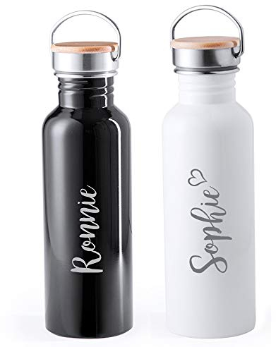 eBuyGB Personalised Water Bottle Reusable Stainless Steel Leakproof 800ml Mrs Hinch Inspired Drinks Flask with Wooden Lid & Vintage Carry Handle (White)