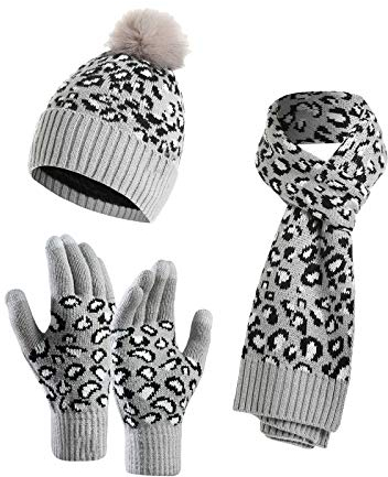 YOUNGSOUL Damen Mütze Schal Handschuhe Set, Warme Winterset Touchscreen Handschuhe Strickmütze mit Leopardenmuster Grau