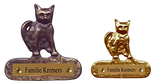 Katze-Schweres Messing poliertes od. brüniertes-Namensschild-Hund-Türschild-Schild-92 x 90 x 8 mm-Made in Germany (S13-W Mess. brüniert mit 1 Zeile Gravur)