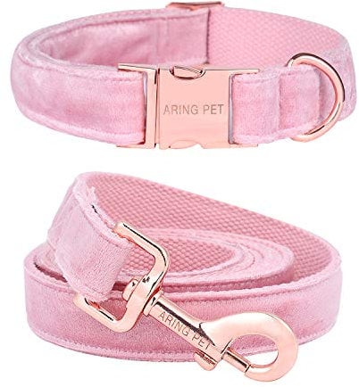 ARING PET Dog Collar and Lead Set, Velvet Dog Collar, Dog Collar and Lead, Adjustable Dog Collar for Small Medium Dogs., Rose Gold