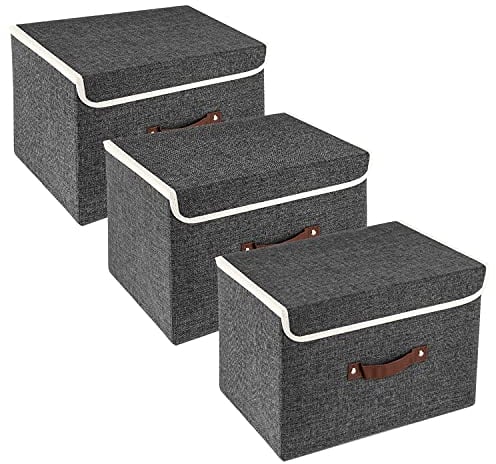 TYEERS Collapsible Storage Box with Lid, Fabric Storage Box for Clothes, Wardrobe Storage, 38x25x25 cm, Set of 3, Black