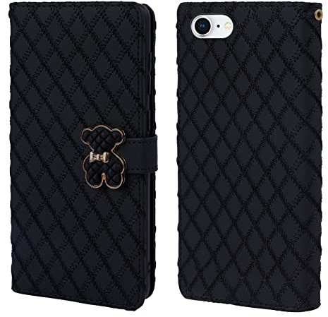Tiyoo iPhone 7/8/SE Phone Case with Card Holder, 3D Metal Bear Magnetic Closure, Embroidered Black Wallet Case for Girls(iPhone 7/8/SE)