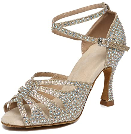 MINITOO Damen Tanzen Schuhe Tanzschuhe Latein Salsa Glitzer Sandalen L487 Helles Gold EU 39