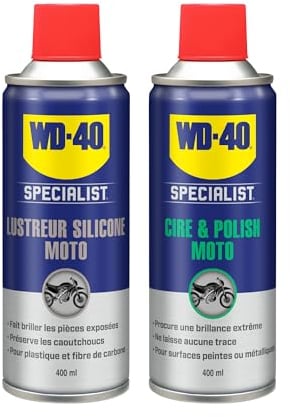 WD-40 Specialist Moto - Lustreur Silicone - Superbe brillance - Parfum fruité, souvent assimilé à l'odeur bubble gum, 400 ml et Specialist Moto, Cire et Polish, Aérosol Extrême brillance, 400 ml
