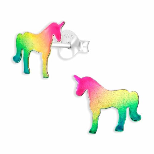 Monkimau Einhorn Regenbogen Pferd Ohrstecker Ohrringe aus 925 Silber Schmuck Silberohrringe Medizinisch für Kinder Mädchen Damen Frauen