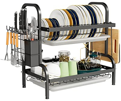 NETEL Escurreplatos de 2 Pisos, Escurreplatos con Bandeja de Goteo Soporte para Tablas de Cortar Soporte para Cubiertos Soporte para Tazas Escurreplatos, Negro