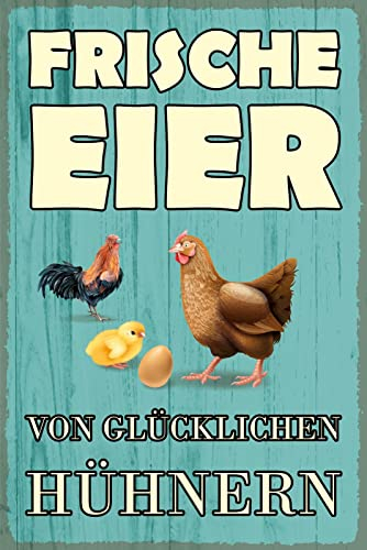 Blechschild 20x30cm gewölbt frische Eier glückliche Hühner Deko Geschenk Schild