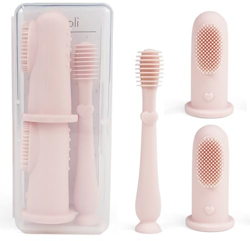 Ali+Oli Baby Oral Care Set (Blush) - Dual-Sided Finger Toothbrush x2, Tongue Scraper, Protective Case - BPA, Phthalate, PVC Free - Food-Grade Baby Care Products for Infants
