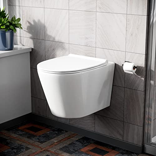 Nes Home Rimless Wall Hung Toilet White Ceramic + Ultra Slim Soft Close Seat Cover | Wila