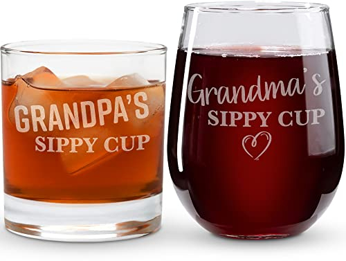 On The Rox Drinks Grandma and Grandpa Gifts - 17oz Grandma's and 11oz Grandpa's Sippy Cups, Set of 2- Gift Wine and Whiskey Glasses - Gift Ideas for First-Time Grandmother or New Grandparents