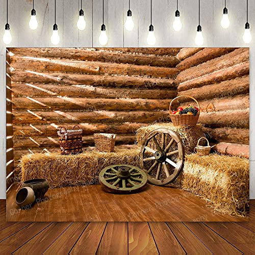 Bauernhof Heu Altes Holzhaus Scheune Kulisse Rad Heuhaufen Fotografie Hintergrund Thanksgiving Geburtstagsfeier Dekoration für Kinder 210X150cm