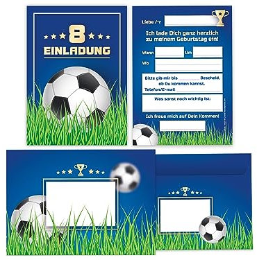 Limonia 12 Einladungskarten incl. 12 Umschläge zum 8. Kindergeburtstag Fußball Einladung Geburtstag Mädchen Kinder Jungs Jungen Boys Fussball Turnier blau
