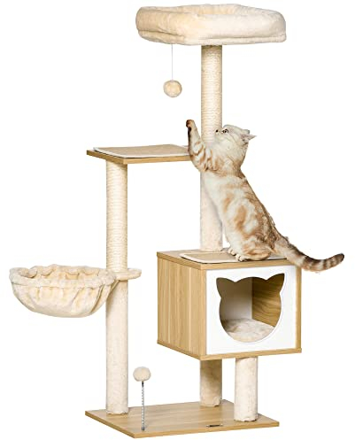 PawHut Árbol Rascador para Gatos con Plataforma Altura 126 cm Torre Escalador para Gatos con Hamaca Caseta Cama Postes de Sisal y Bolas para Jugar 48x40x126 cm Beige
