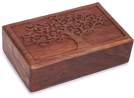 Ajuny Handgeschnitzte Dekorative Schatztruhe aus Holz – Mehrzweck Aufbewahrungsbox für Schmuck Andenken Uhrenbox Ideal als Geschenk – Braun, 8x5 Zoll