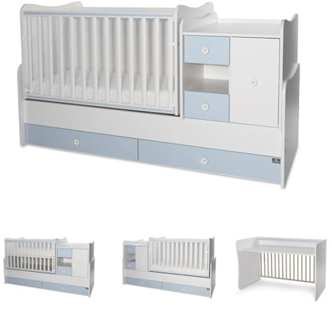 Lorelli Babybett, Jugendbett 3 in 1 Mini Max umbaubar, für 2 Kinder gleichzeitig weiß blau