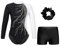 Alvivi Mädchen Turnanzug Glitzer Gymnastikanzug mit Kurze Hose Haarband Langarm Gymnastikbody Turntrikot Gymnastik Kleidung Tanzkostüm Weiß&Schwarz 146-152