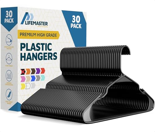 Lifemaster Plastic Clothes Hanger Set - 30 Pieces Versatile, Lightweight, Space-Saving, Non-Slip, Slim Designed, Dry and Wet Clothes Hanger Set - Black