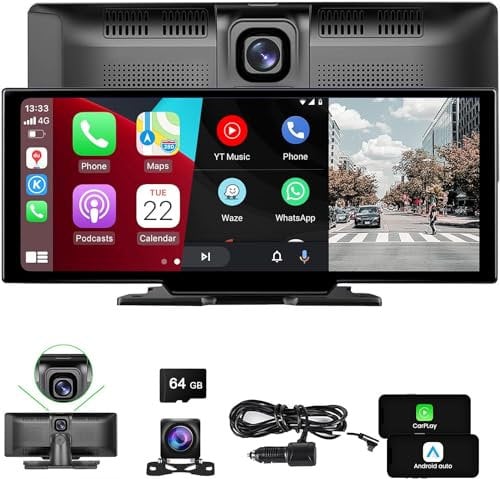 Wireless Portable Carplay With 2.5K Dashcam, Wireless Apple Carplay and Android Auto, Voice Control, Screen with Rear View Camera, Bluetooth, GPS Navigation, Mirror Link