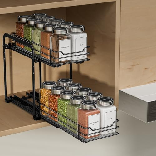 ZDDLOINP Ausziehbares Gewürzregal Für Schrank, 2 Etagen Gewürzregale, Einstellbare Höhe Gewürzregal Schwarz, Gewürz Organizer Ausziehbar, Schrank Organizer Küche