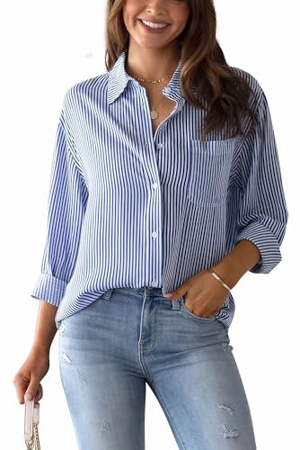 AIEOE Chemise Rayée Femme Coton Chemise Femme Chic et Élégant Chemise à Manches Longues pour Femme Chemisier Col en V Femme XL Bleu