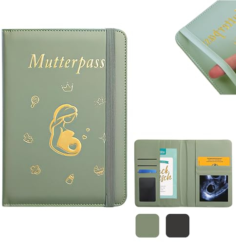 Mutterpass Schutzhülle, Mutterpasshülle aus Kunstleder, Deutscher Mutterpass, Mutterkindpasshülle mit 9 Fächern, Als Schwangerschaft Verkünden Geschenk für Schwangere und Werdende Mütter(Matcha Grün)