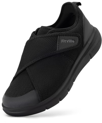 FitVille Diabetiker Schuhe Herren Extra Weit Gesundheitsschuhe mit Klettverschluss Senioren Orthopädische Schuhe Hausschuhe Walking Schuhe für Geschwollene Füße,Schwarz,47 EU,X-Weit