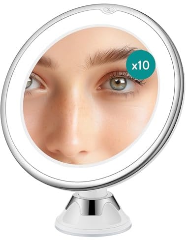 Navaris Miroir Grossissant Lumineux Mural - Miroir Grossissant x10 avec Ventouse et Lumière LED pour Salle de Bain - Miroir Eclairant de Voyage avec Glace Grossissante Maquillage