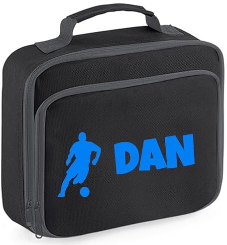 Personalised Football Lunch Box Bag for Boys and Girls - Black Personalised Lunch Bag For Kids with Name & Footballer School Lunch Bag - Personalised Lunch Boxes for Girls and Boys in Black