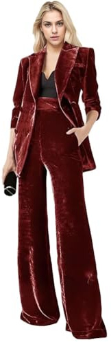 Botong Costume 2 pièces en velours pour femme avec blazer à double boutonnage et revers cranté, Rouge, Taille XS
