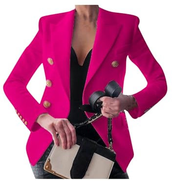 OMZIN Donna Doppiopetto Oro Pulsante Cropped Blazer Vintage Aperto Davanti Risvolto Giacca Blazer Rosa XS