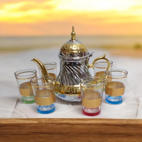 Set de 1 tetera 48oz y 6 vasos elegantes para té marroqui de 150ml, tazas de té persa árabe para servir café, café expreso (rosa)