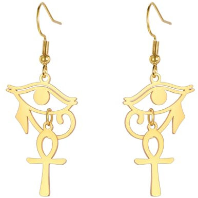 Ankh-Kreuz-Ohrringe für Frauen, Auge des Horus, baumelnde Ohrringe, Edelstahl, altägyptische Tropfenohrringe, Schutz, Schmuck, religiöses Geschenk, Edelstahl, Kein Edelstein