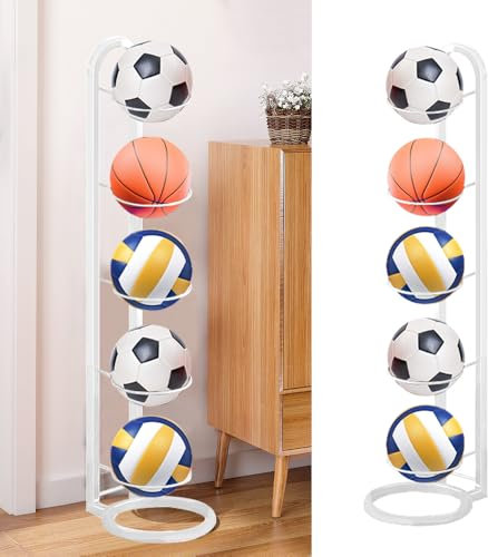 GZCZCC Portapalle per Calcio a 5 Livelli, Rastrelliera da Basket Verticale, Supporto per Palloni da Calcio in Metallo, Porta Pallone Basket, Scaffale Stoccaggio Attrezzature Sportive - Bianco