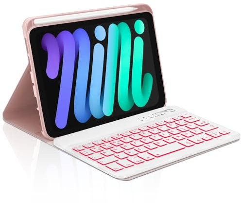 Occtingkind, Tastatur für iPad Mini, Hülle mit Tastatur für iPad Mini 6/7 (2021/2024), Magnetische Abnehmbar Bluetooth Keyboard für iPad Mini 8.3 Zoll, QWERTZ, USB C, Hinterbeleuchtung, Rosa