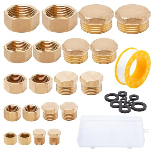 Neikafan 20 Pezzi Tappi Ciechi per Tubo dell'Acqua 1/8 1/4 3/8 1/2 3/4 Pollice Tappo Idraulico Maschio e Femmina Tappo Cieco 3/8 Ottone Esagonale con Nastro Teflon per Idraulica 1 Pz