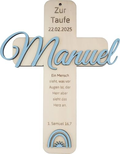 clippondi® Taufkreuz Holz Personalisiert mit Namen & Datum - Geschenk zur Taufe Junge & Mädchen - Handgefertigt aus Pappelholz - Taufgeschenk mit Taufspruch & Symbol - 3D Design (hellblau)
