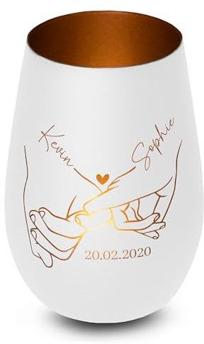 Elegantes personalisiertes Windlicht aus Glas in Weiß-Bronze Haltende Hände - Liebesgeschenk für Paare mit Gravur, Name