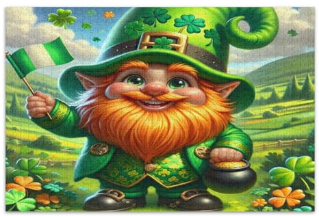 St. Patrick's Day Green Gnome Jigsaw Puzzles for Adults 1000 Pieces Difficult Puzzles Great Gift Idea for Holidays, Finished Size 29.5 x 19.7 Inches