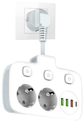 PLLYPE 2 Fach Steckdosenleiste mit USB, Steckerleiste Steckdosenadapter, Steckdosenleiste Steckdose, 2 Steckdosen mit 3 USB & 1 USB-C Ports für Büro Hause - 10A/2500W