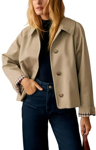Dqbeng Womens Cropped Trench Coat Classic Collar Oversized Casual Jackets with Checkered Lining, Tan, Small